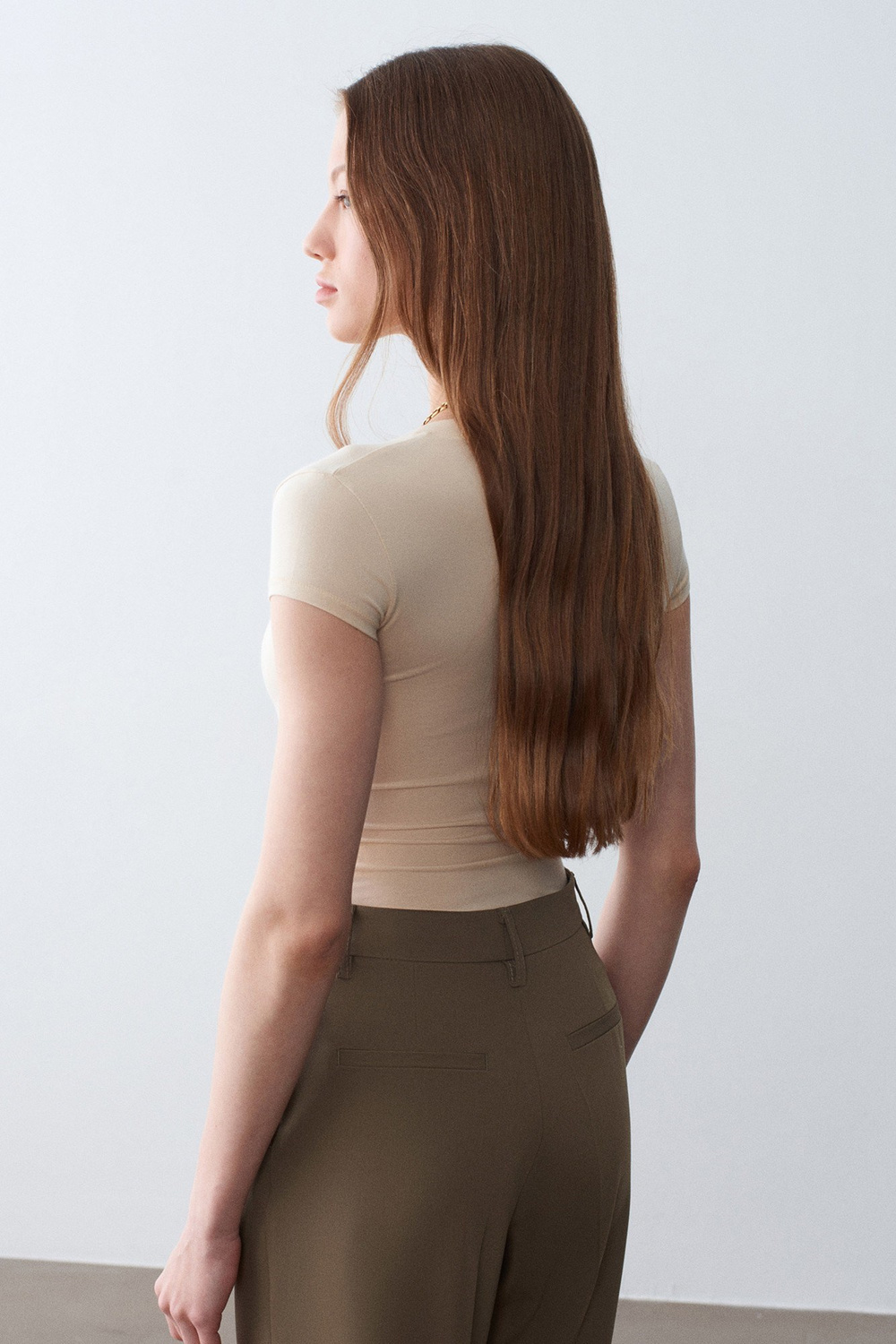Wholesale Womens Stone Beige Supima Cotton V-Neck Tee