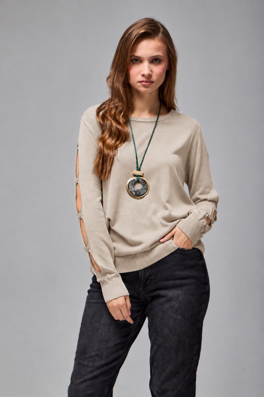 Wholesale Womens Stone Gray Buttoned Cut-Out Sleeve Knit Sweater