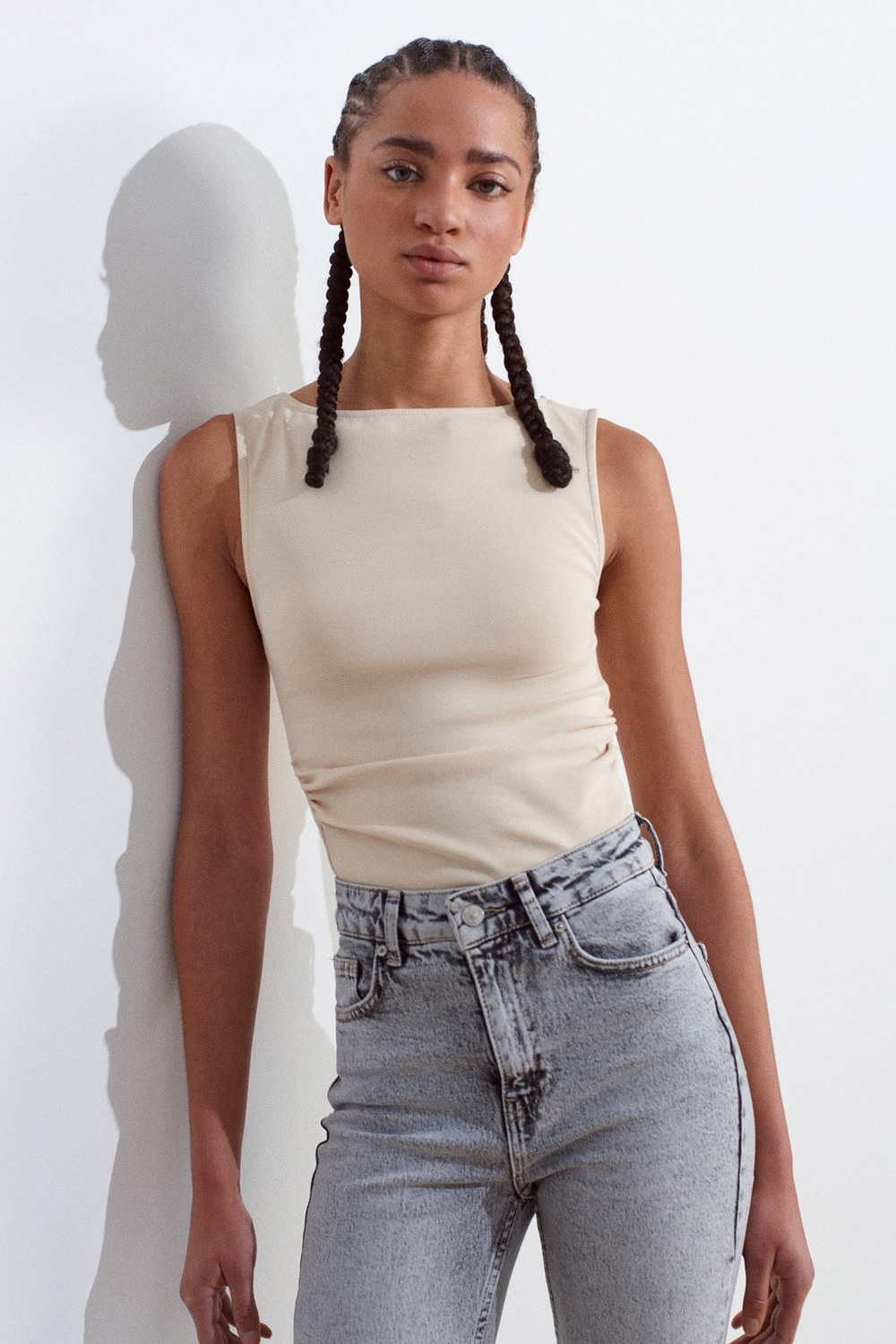 Wholesale Womens Stone Side Gathered Boat-Neck Top