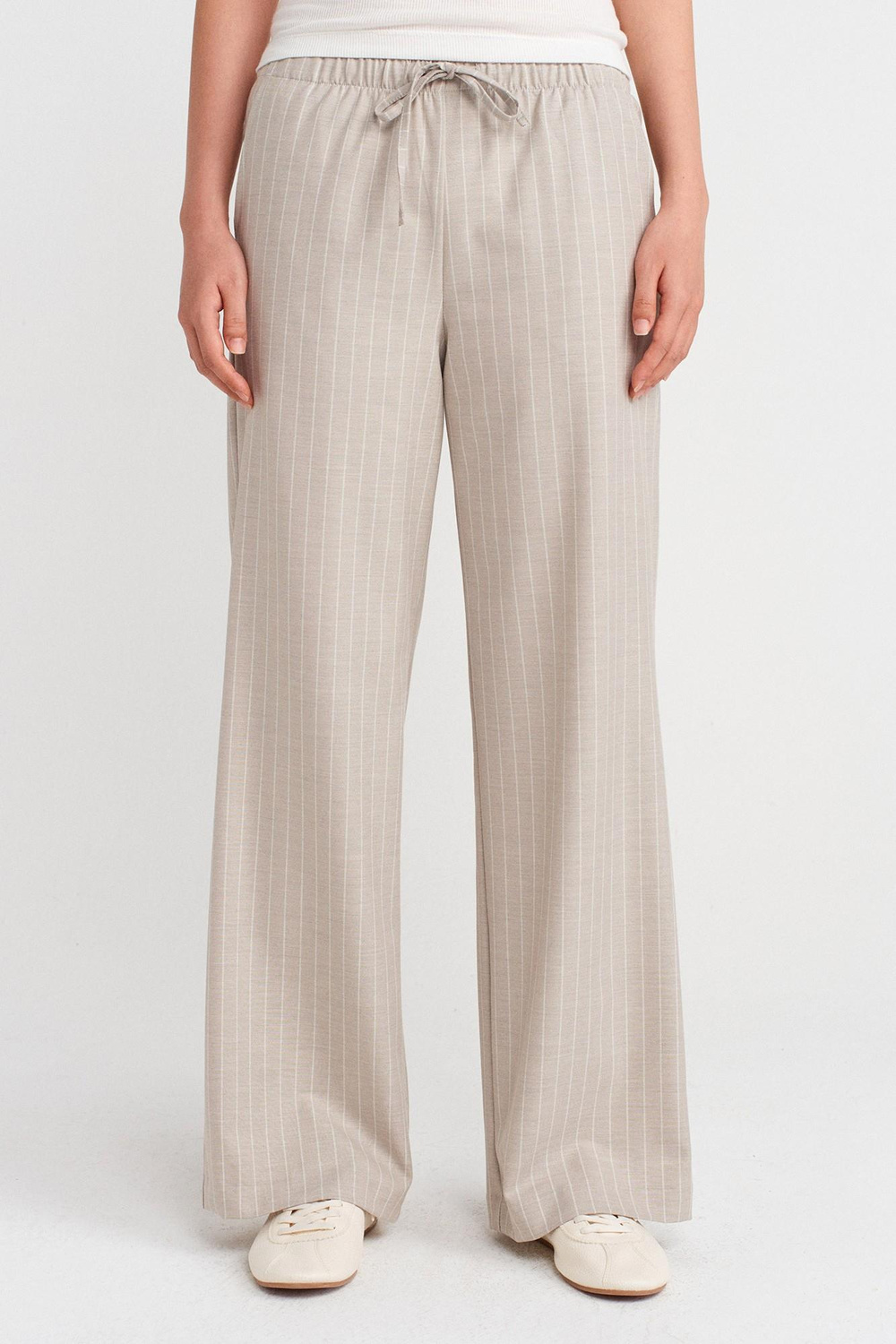 Wholesale Womens Stone Striped Trousers with Elastic Waist