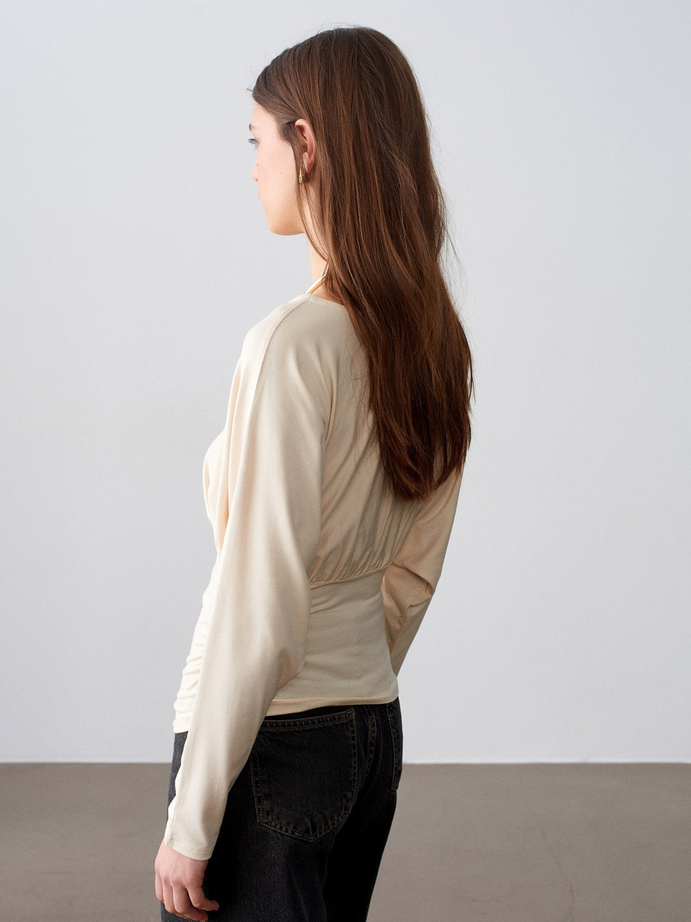 Wholesale Womens Stone V-Neck Batwing Top with Underbust Gathering