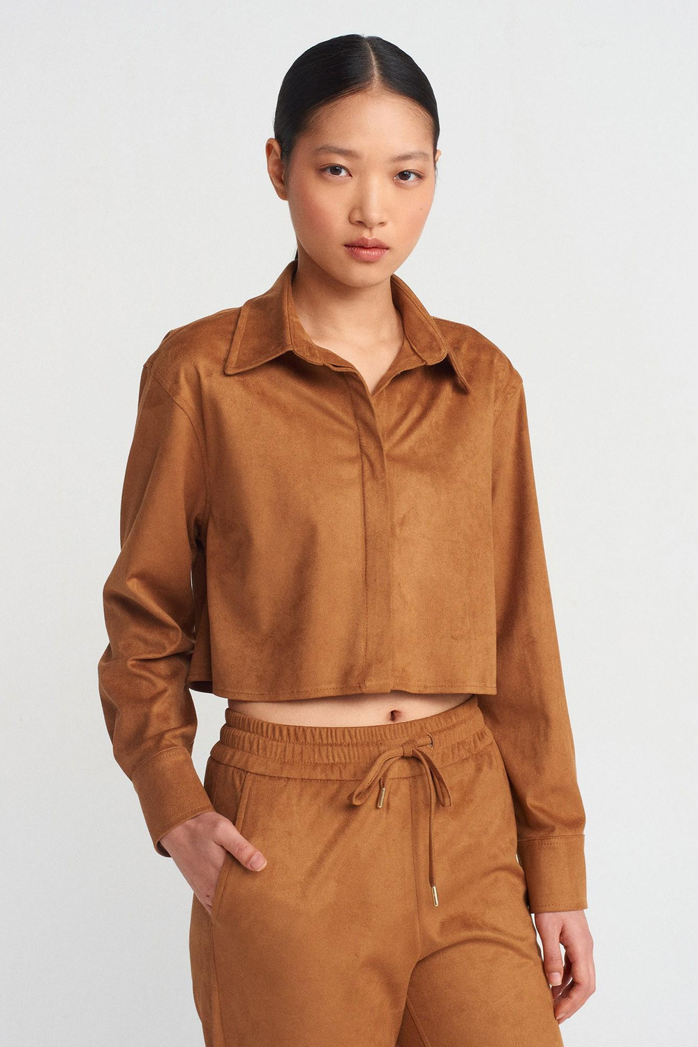 Wholesale Womens Tobacco Brown Suede Crop Shirt