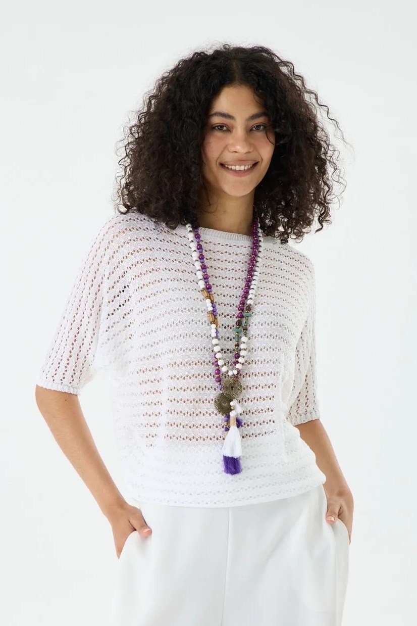 Wholesale Womens White Boat Neck Mercerized Openwork Fine Knit Blouse