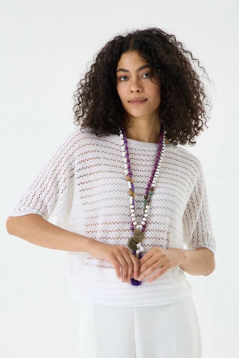 Wholesale Womens White Boat Neck Mercerized Openwork Fine Knit Blouse