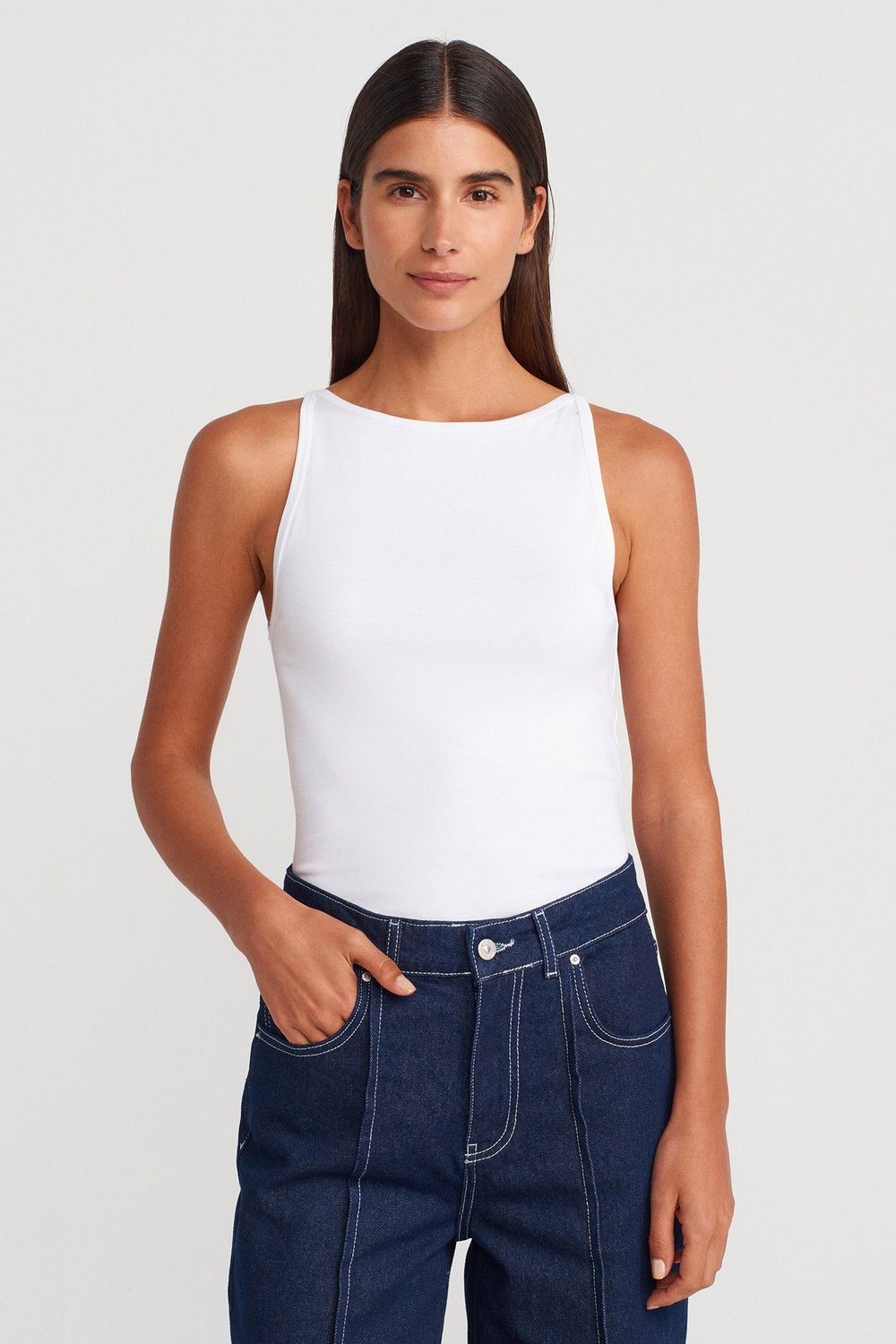 Wholesale Womens White Cotton-Modal Sleeveless Top