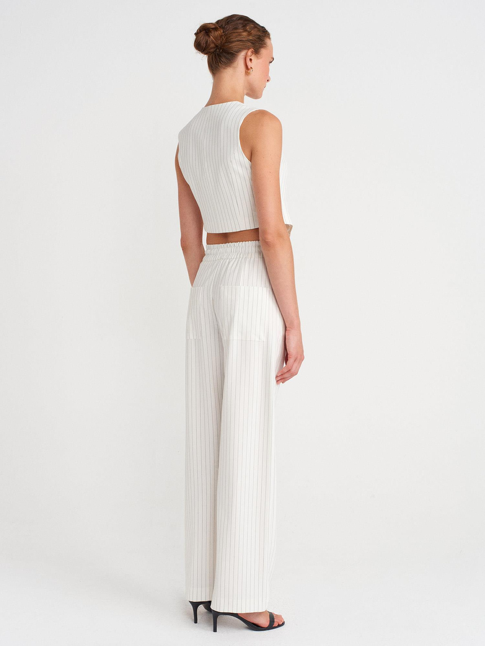 Wholesale Womens White Striped Wide Trousers with Drawstring Waist