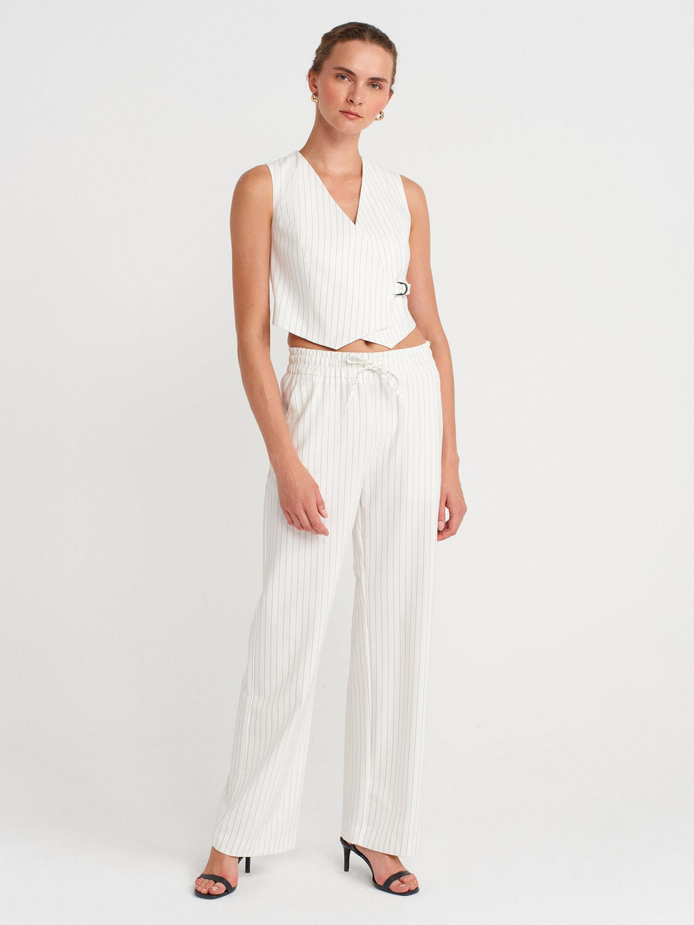 Wholesale Womens White Striped Wide Trousers with Drawstring Waist