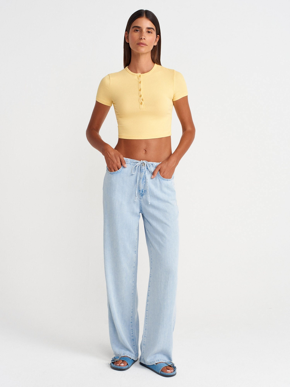 Wholesale Womens Yellow Crop T-Shirt with Button-Up Half Placket