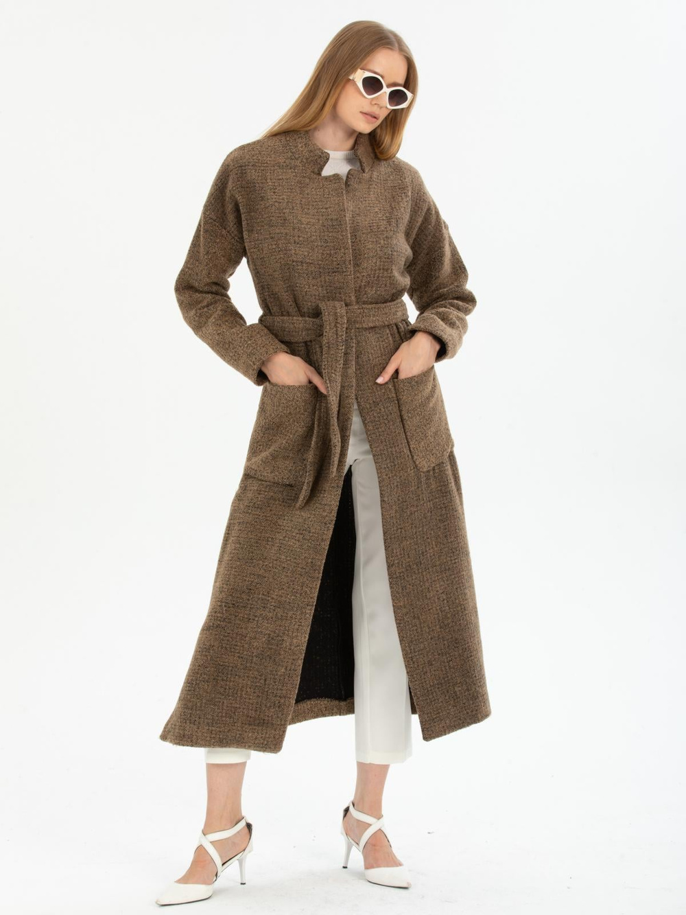 Women coat with belt wholesale Brown color