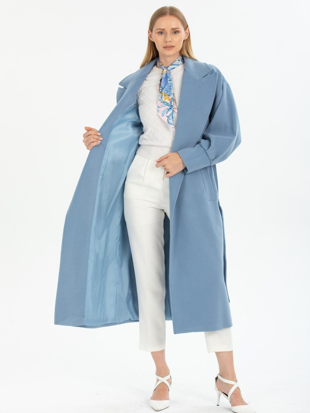 Women coat with belt wholesale Light Blue color