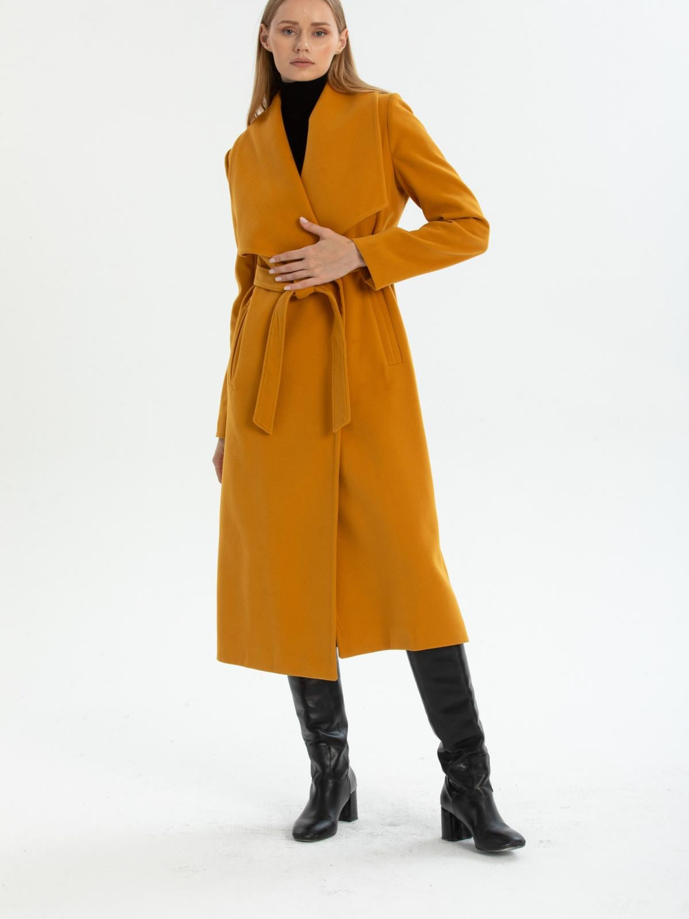 Women coat with belt wholesale Mustard color