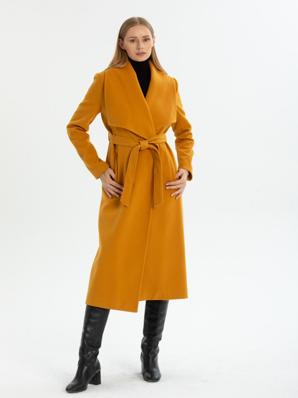 Women coat with belt wholesale Mustard color
