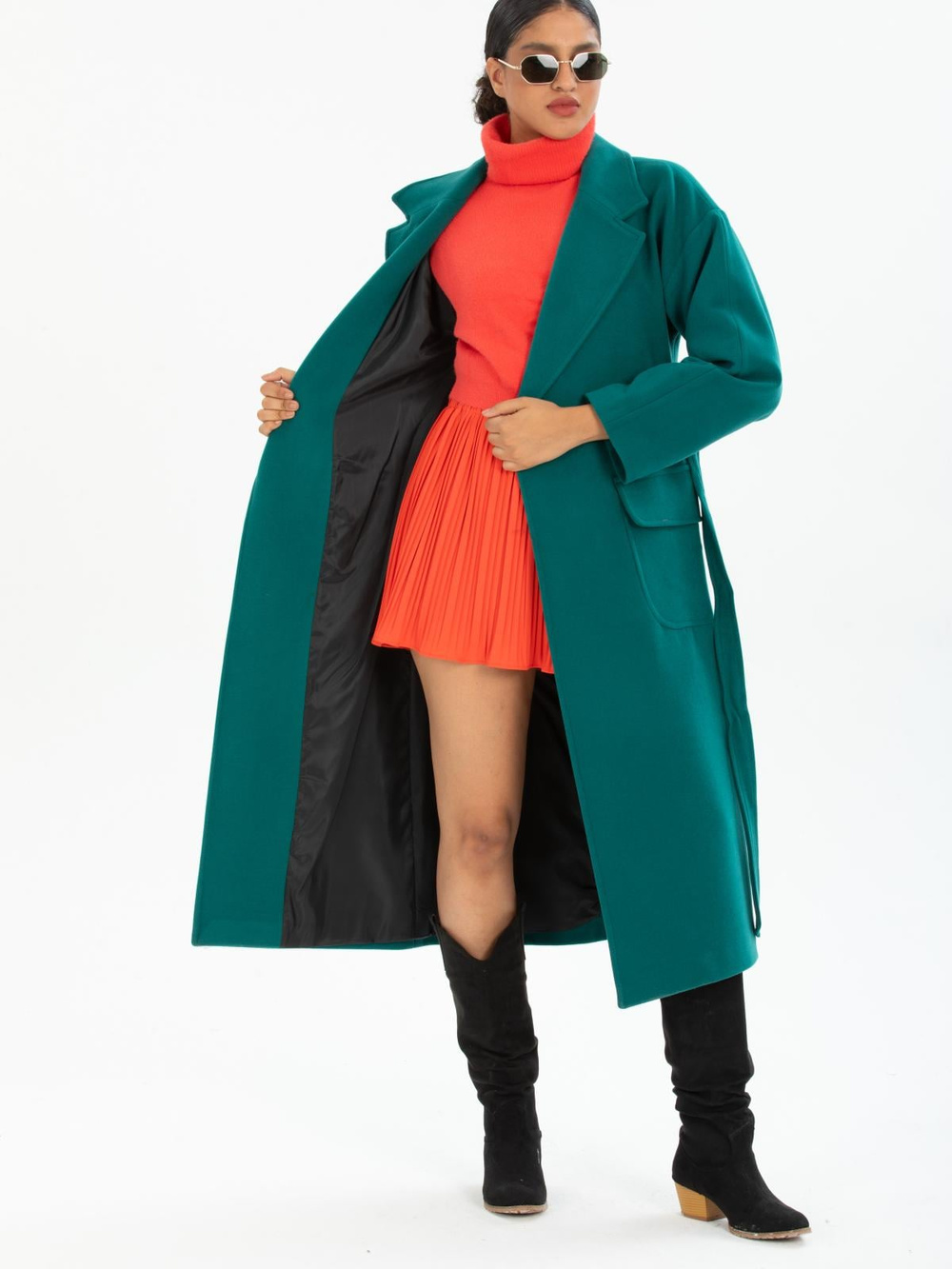 Women coat with belt wholesale Pine Green color