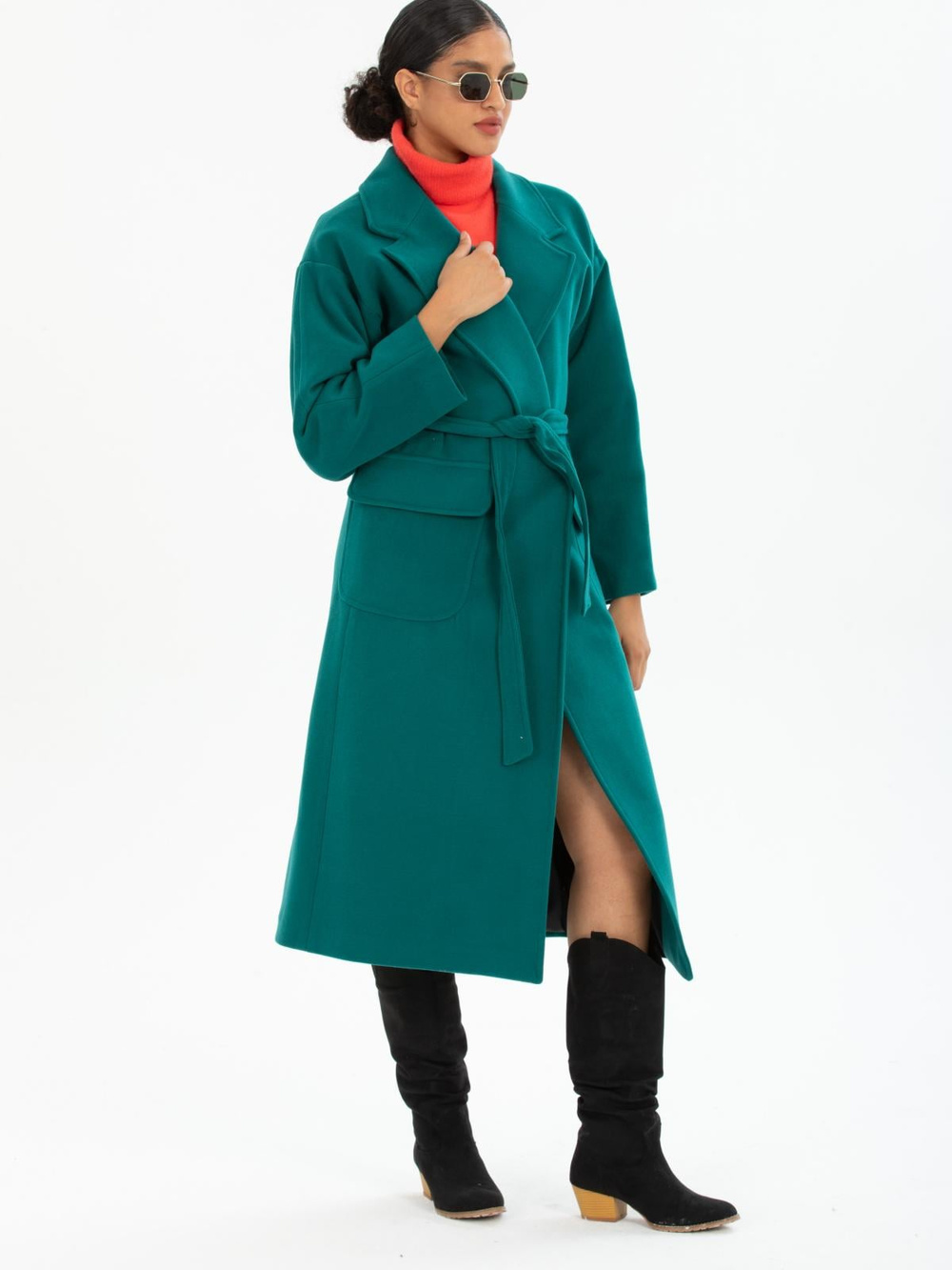Women coat with belt wholesale Pine Green color
