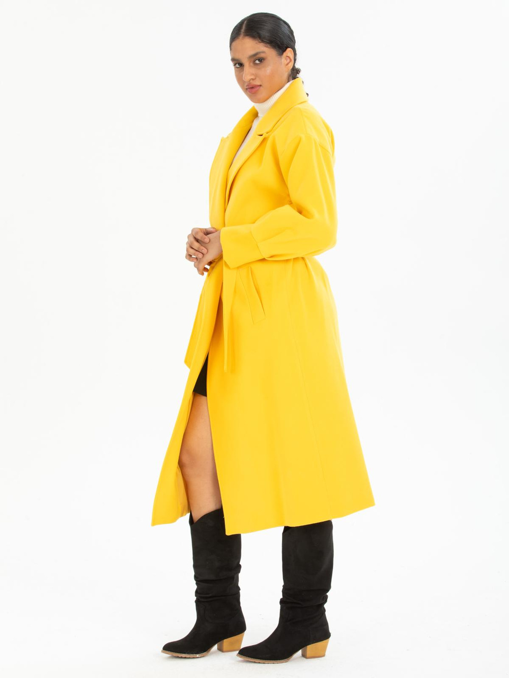Women coat with belt wholesale Yellow color