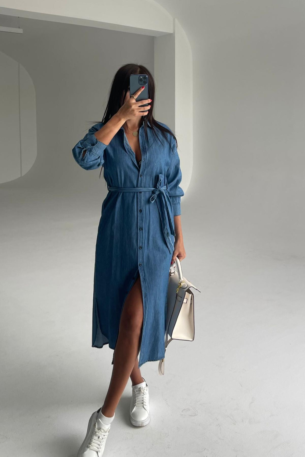 Women denim midi dress wholesale Blue color