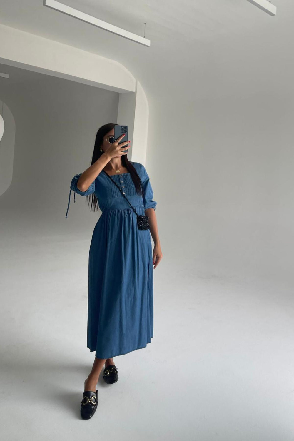 Women denim midi dress wholesale Blue color