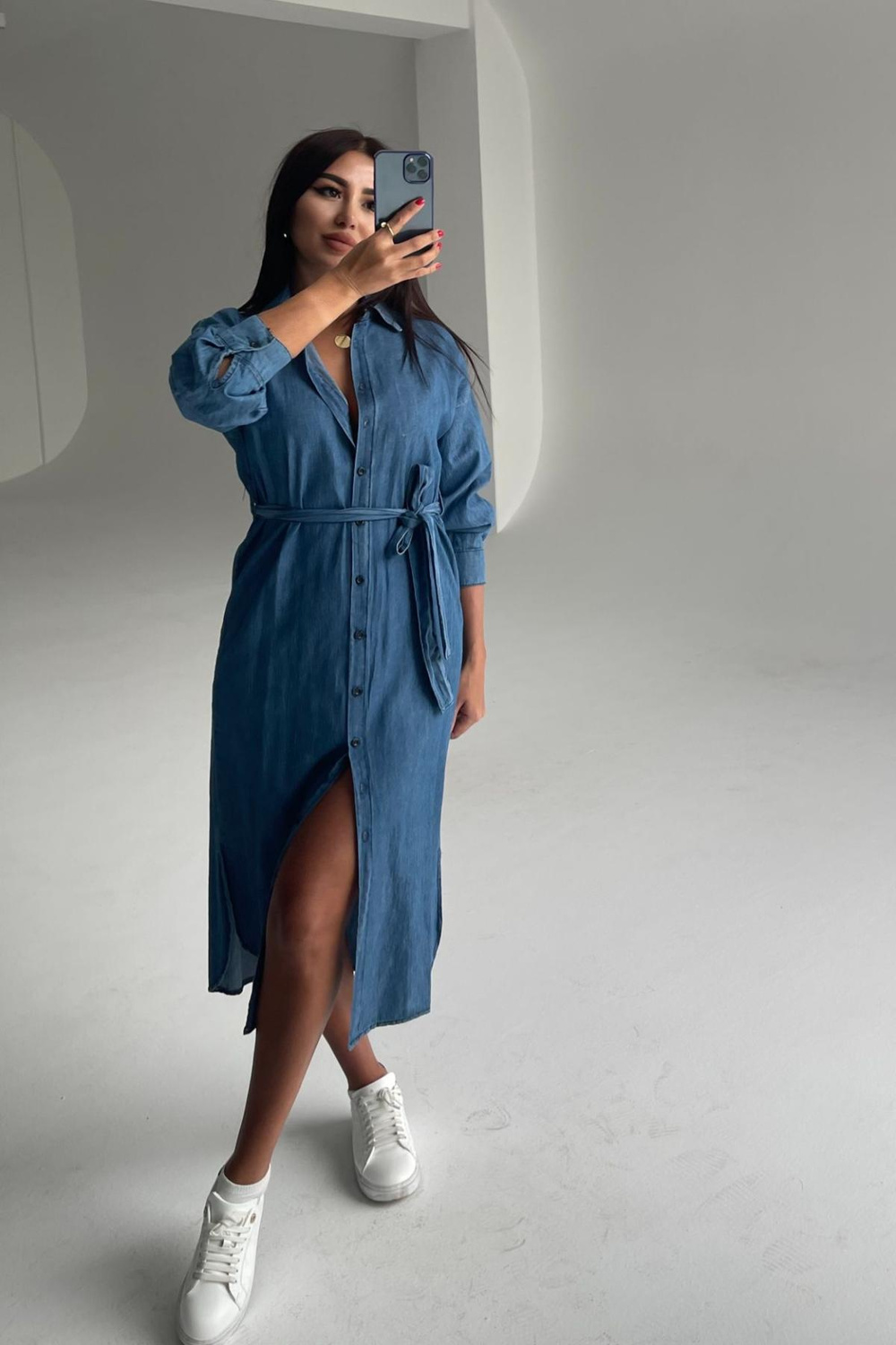 Women denim midi dress wholesale Blue color