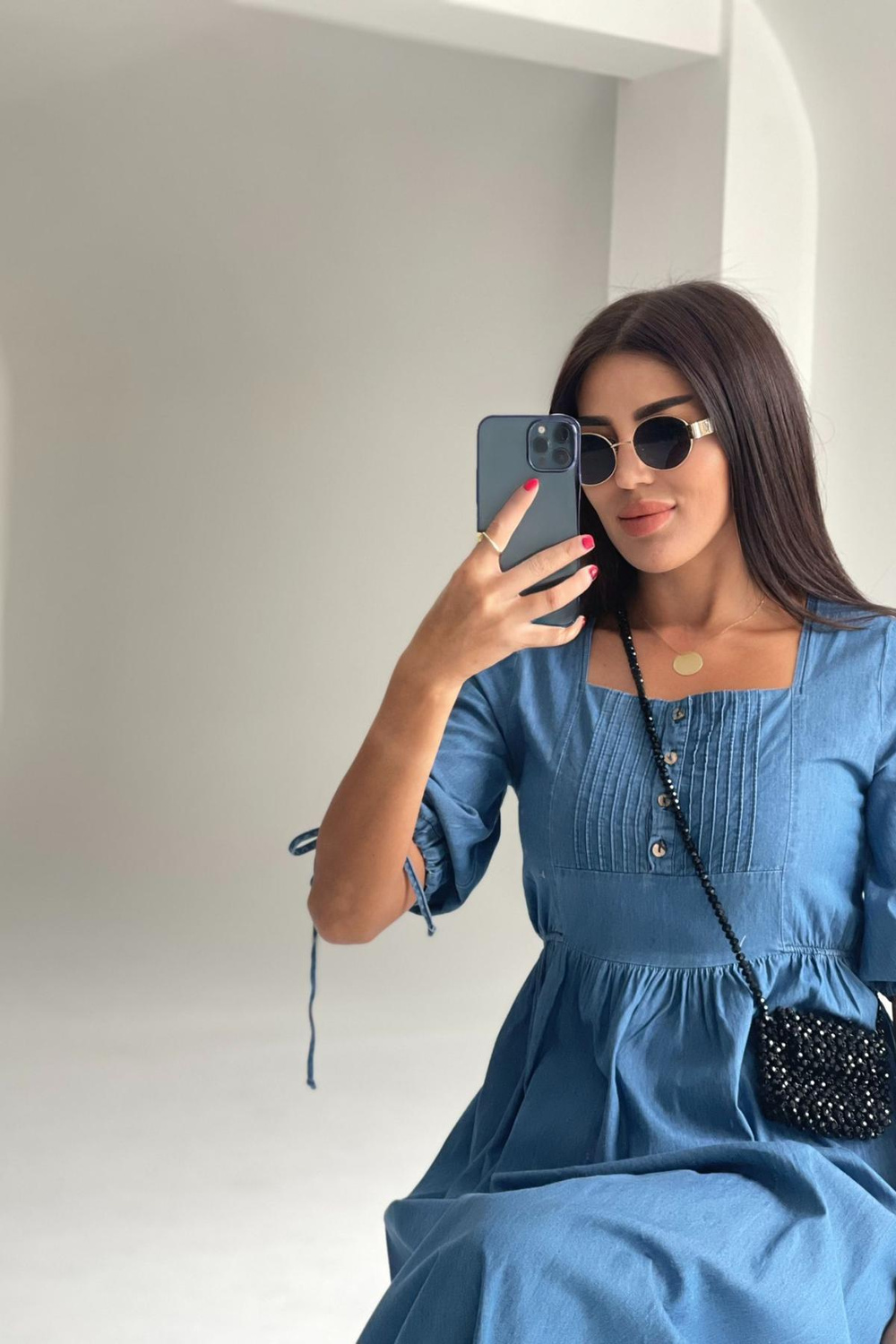 Women denim midi dress wholesale Blue color