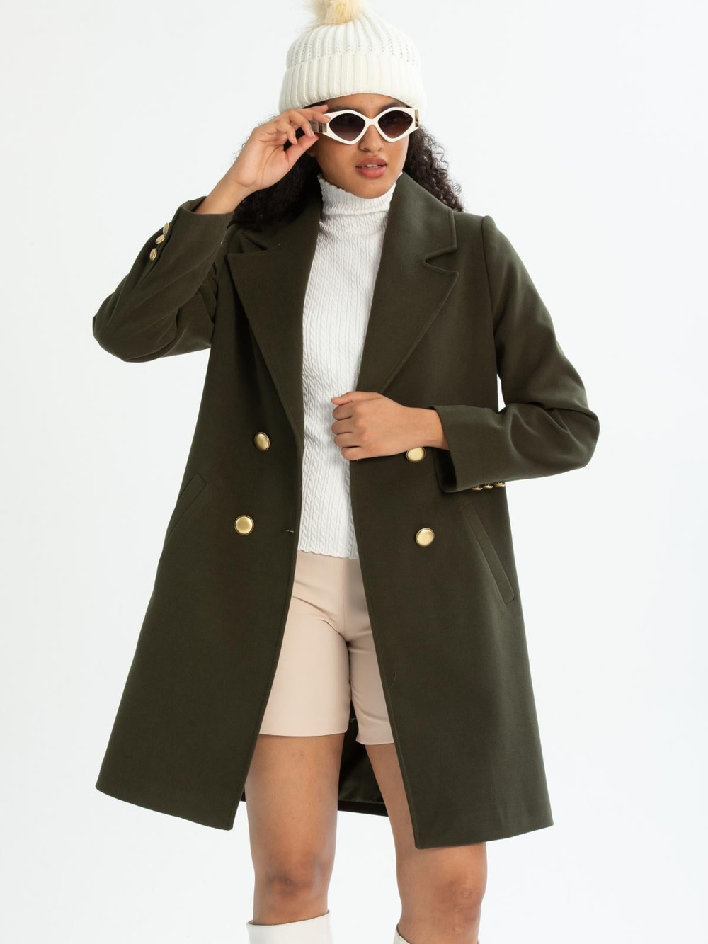 Women four-buttons coat wholesale Khaki color