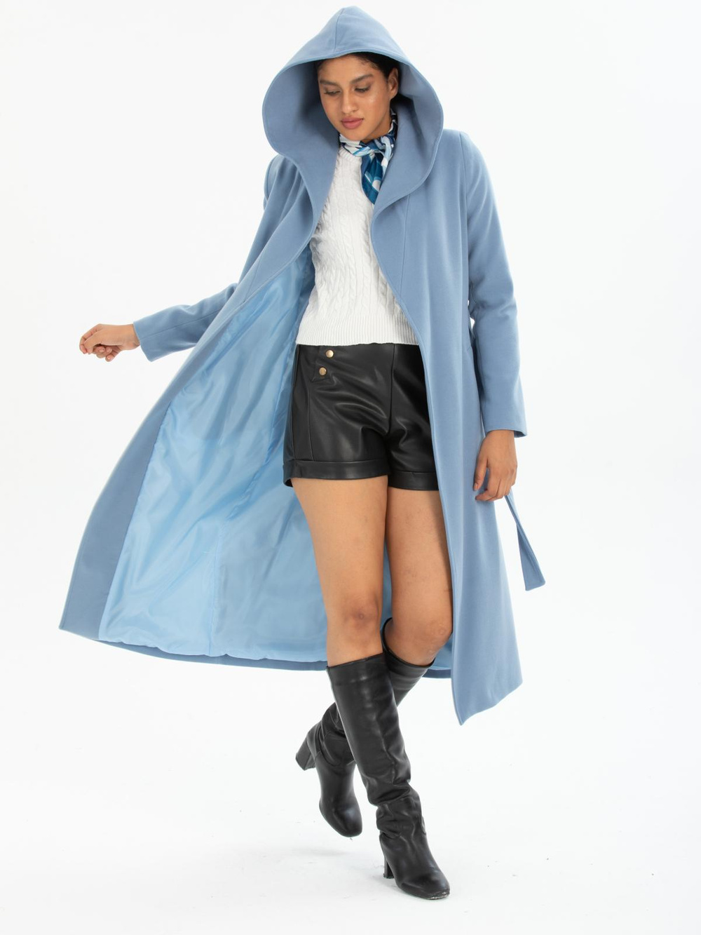 Women hooded coat with belt wholesale Light Blue color