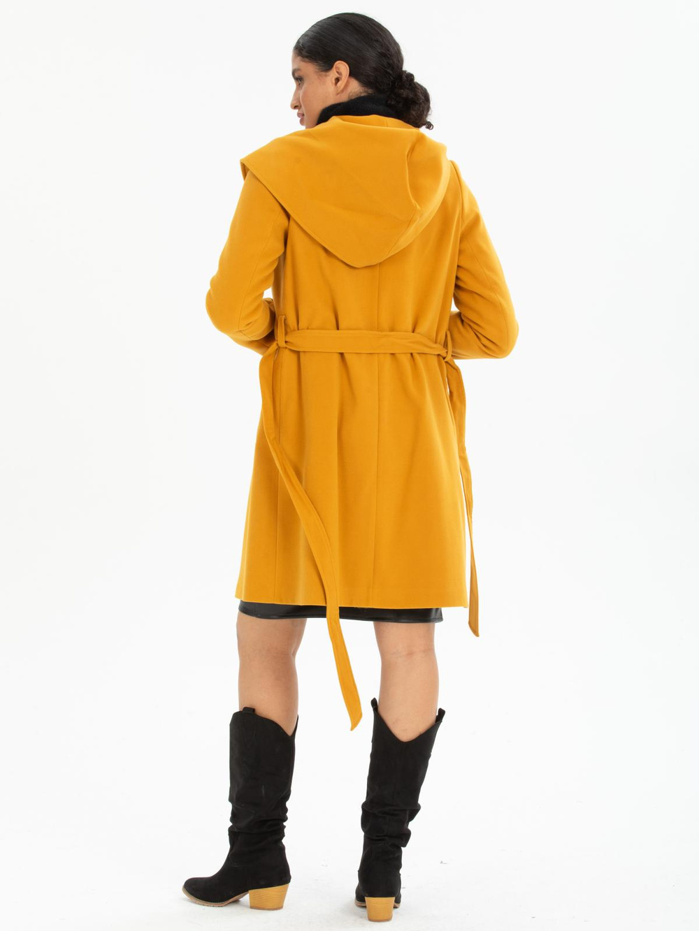 Women hooded coat with belt wholesale Mustard color