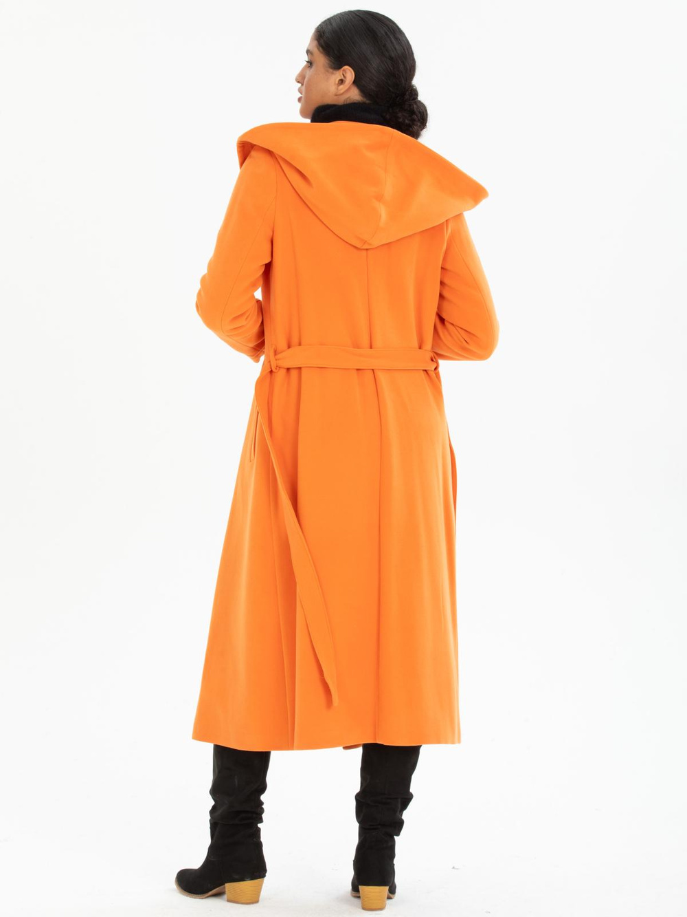 Women hooded coat with belt wholesale Orange color