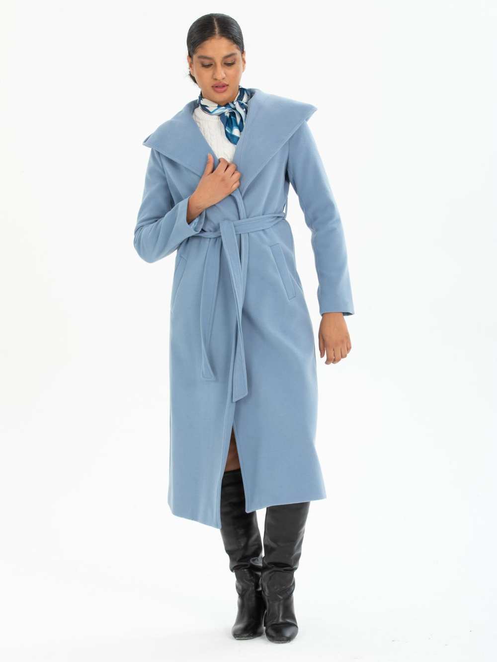 Women hooded coat with belt wholesale Light Blue color