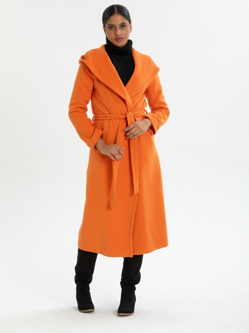 Women hooded coat with belt wholesale Orange color