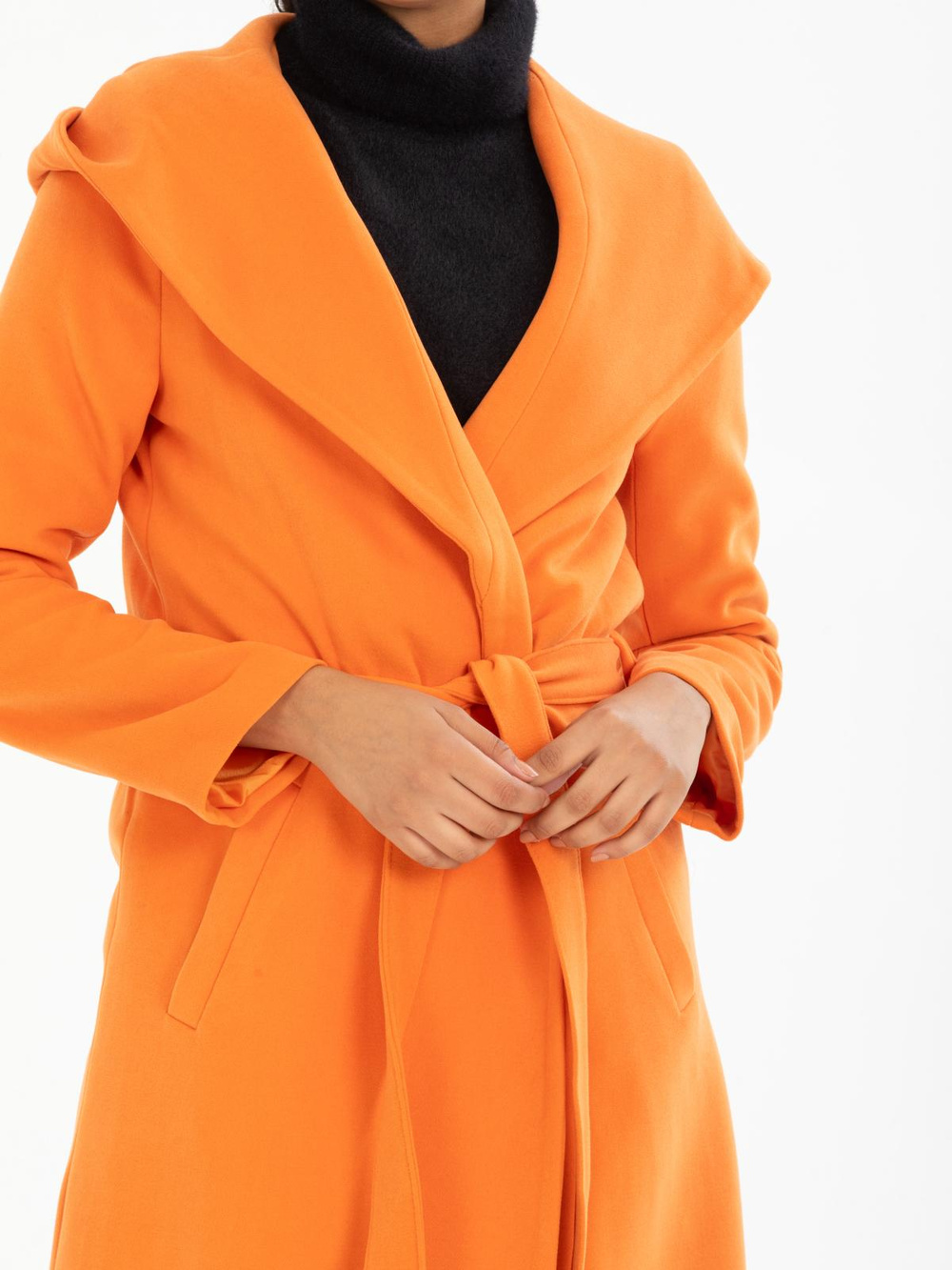 Women hooded coat with belt wholesale Orange color
