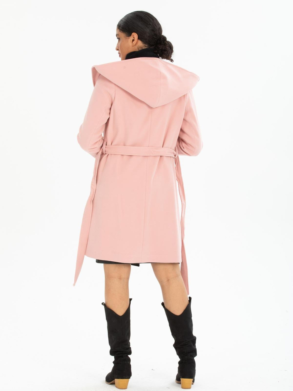 Women hooded coat with belt wholesale Baby Pink color