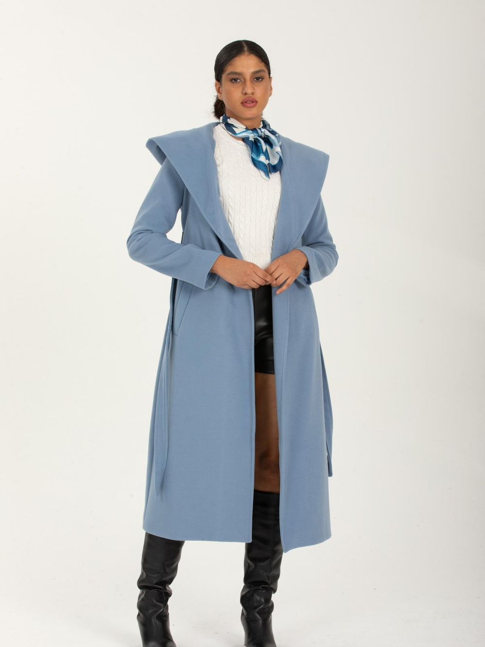 Women hooded coat with belt wholesale Light Blue color