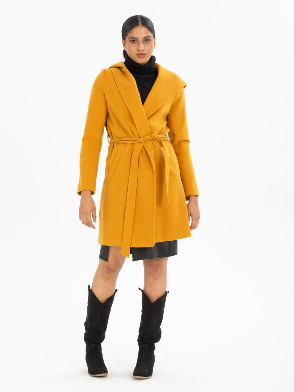 Women hooded coat with belt wholesale Mustard color