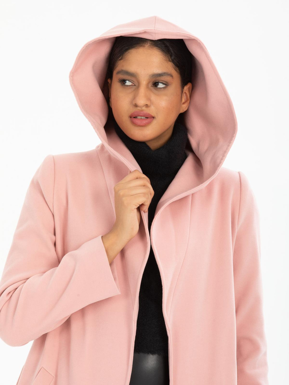 Women hooded coat with belt wholesale Baby Pink color