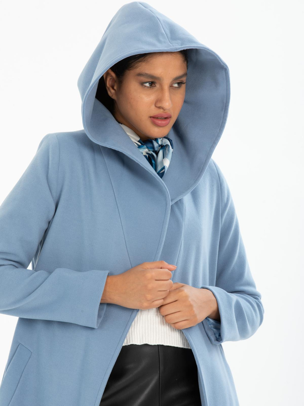 Women hooded coat with belt wholesale Light Blue color