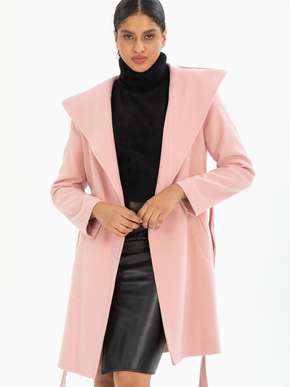 Women hooded coat with belt wholesale Baby Pink color