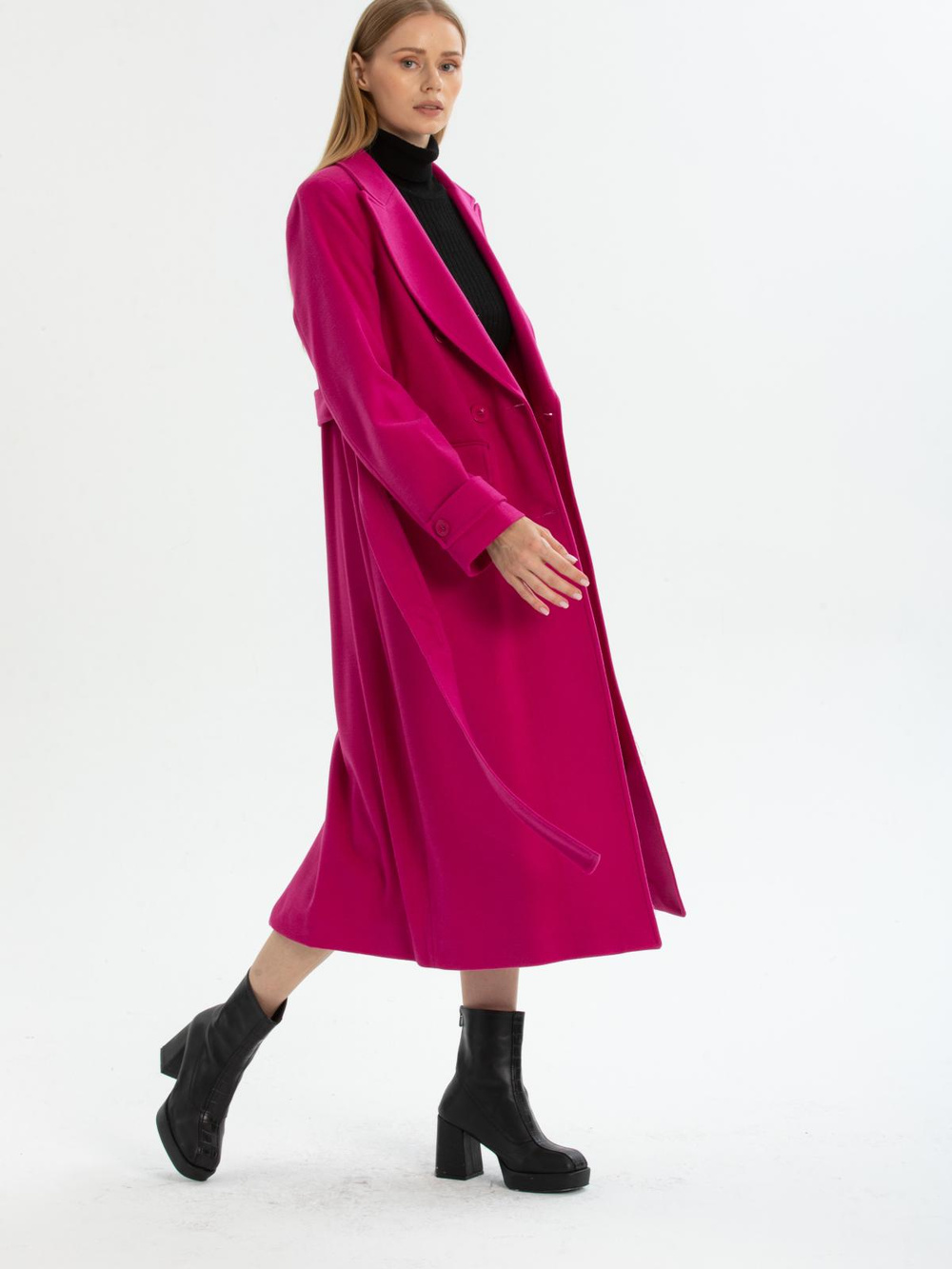 Women six-buttons coat with belt wholesale Fucshia color