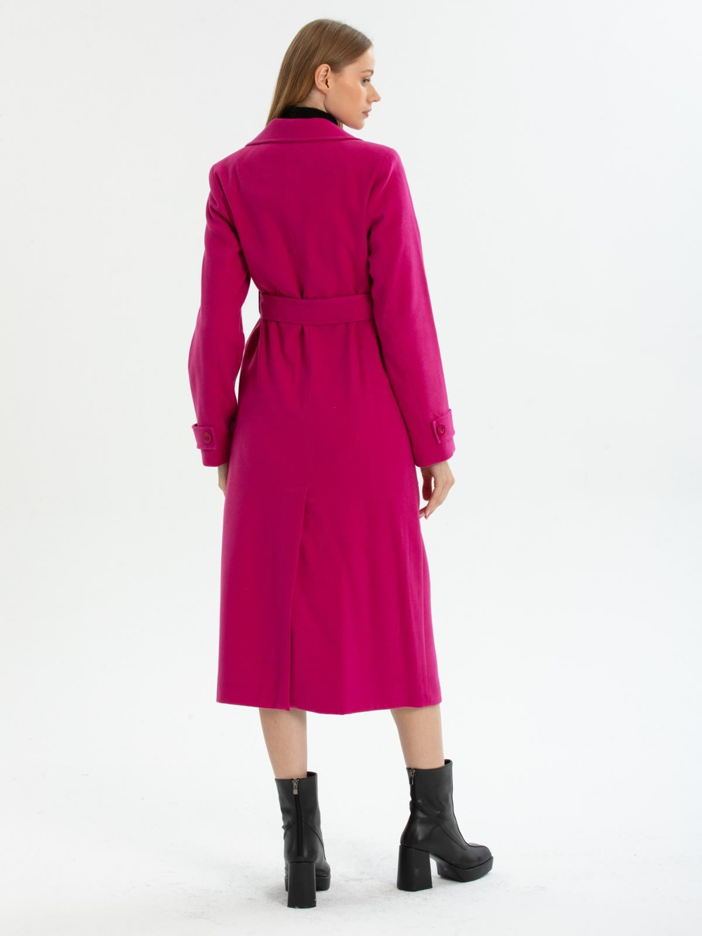 Women six-buttons coat with belt wholesale Fucshia color