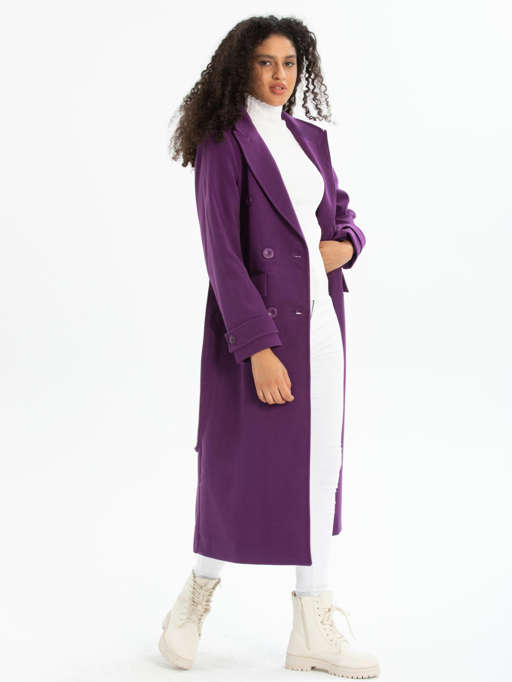 Women six-buttons coat with belt wholesale Purple color