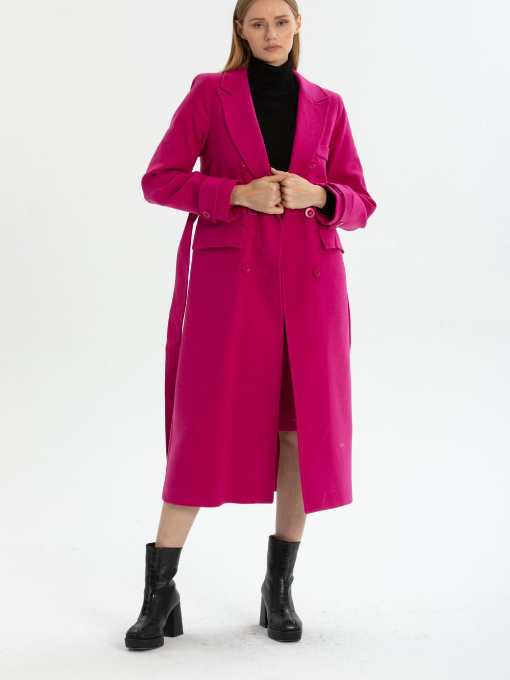 Women six-buttons coat with belt wholesale Fucshia color