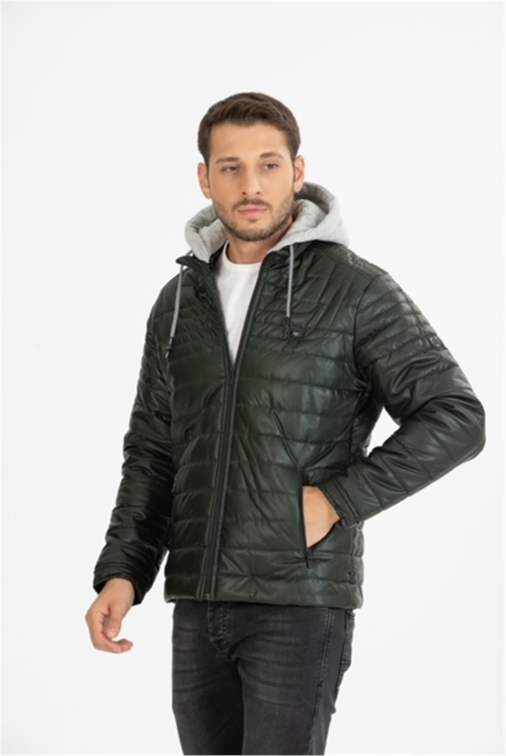 Wholesale Green Faux Leather Hooded Puffer Jacket