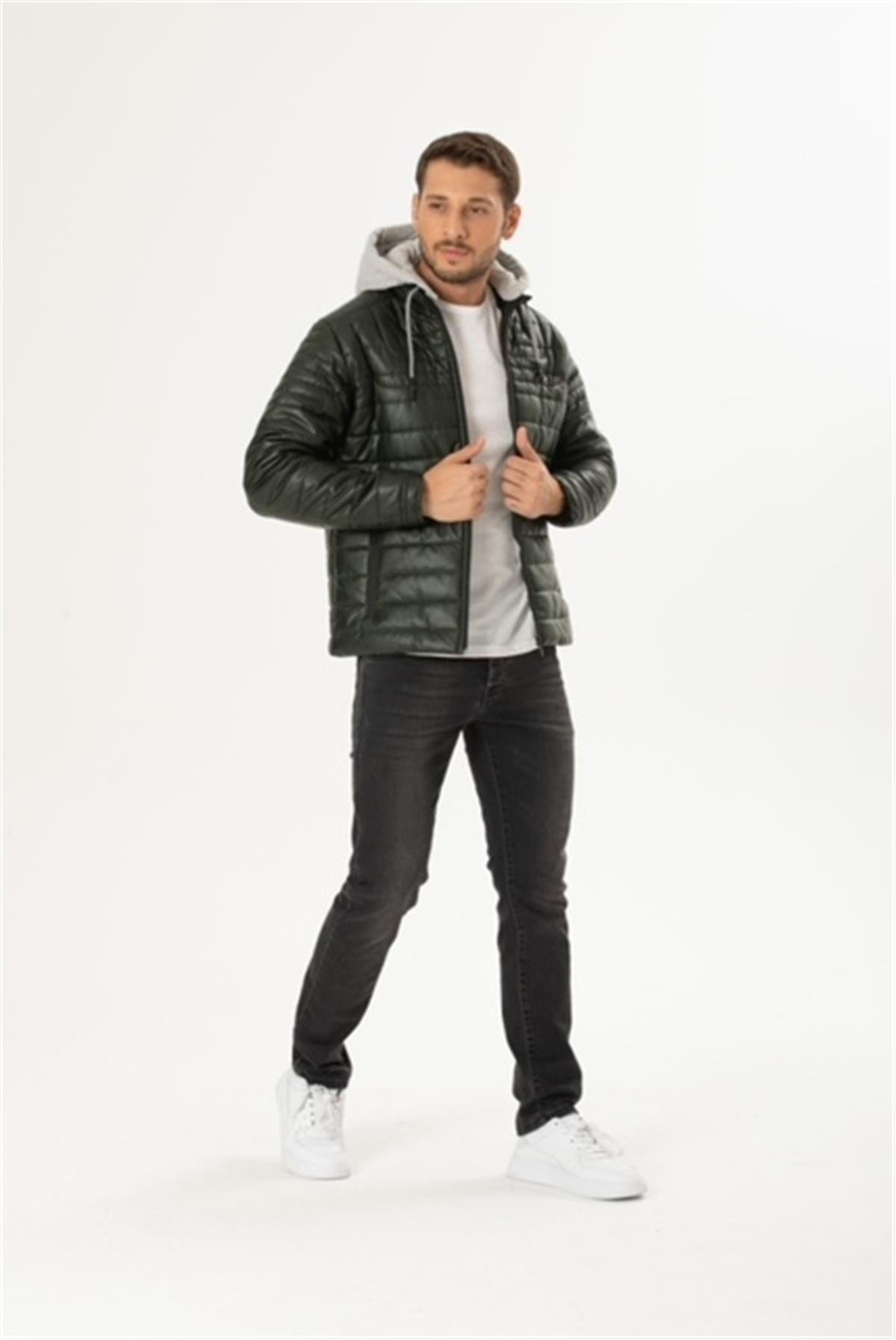 Wholesale Green Faux Leather Hooded Puffer Jacket