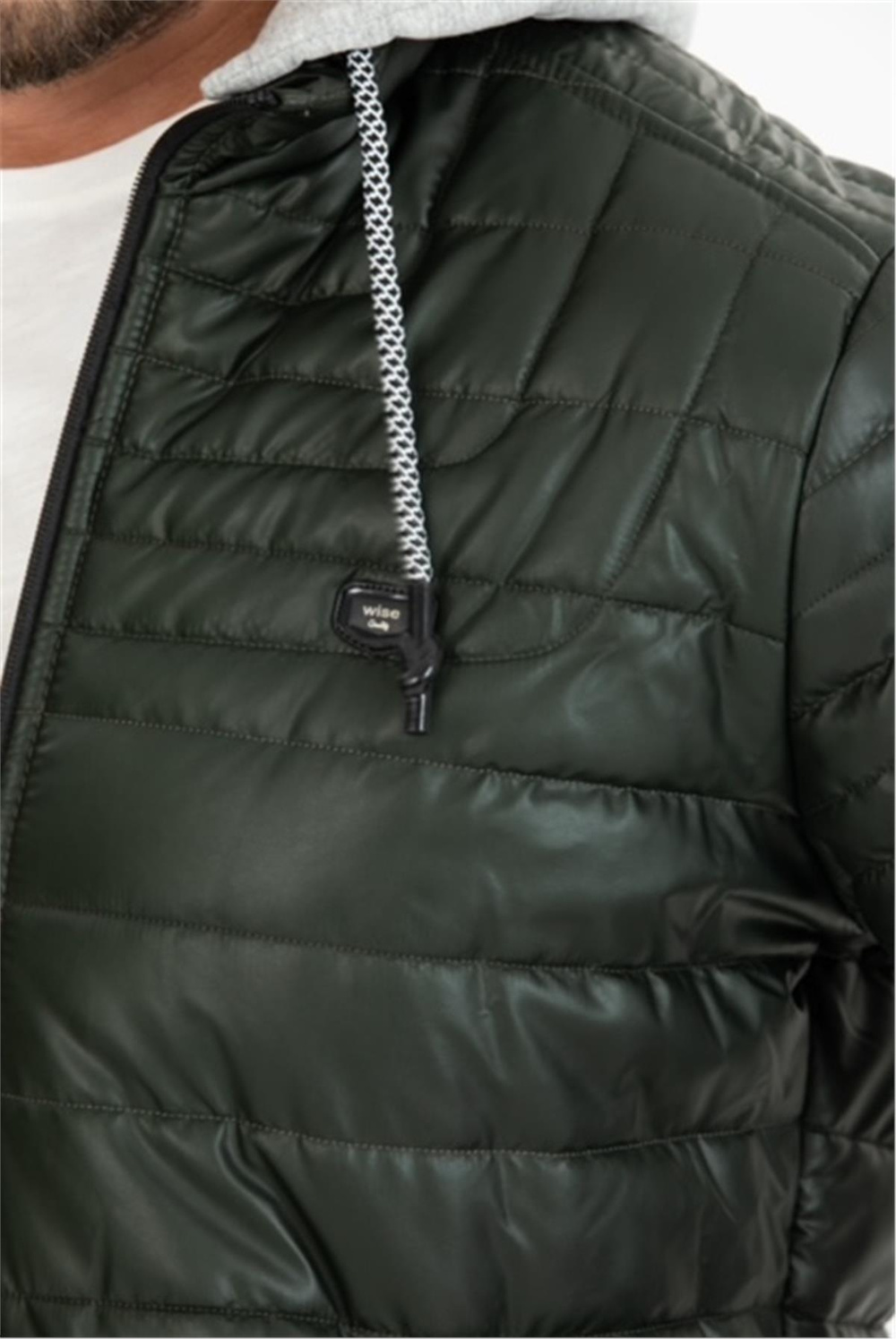 Wholesale Green Faux Leather Hooded Puffer Jacket