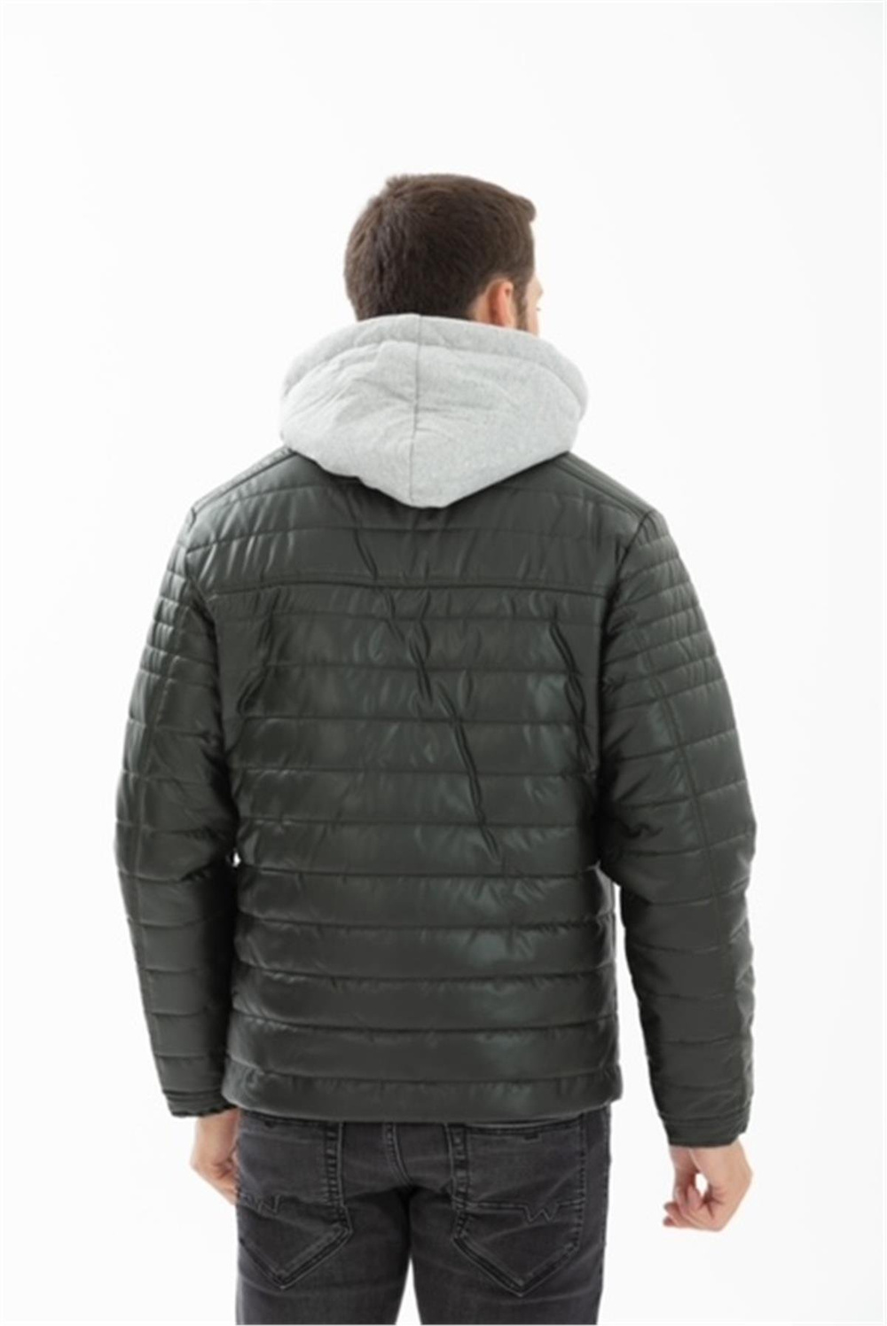 Wholesale Green Faux Leather Hooded Puffer Jacket