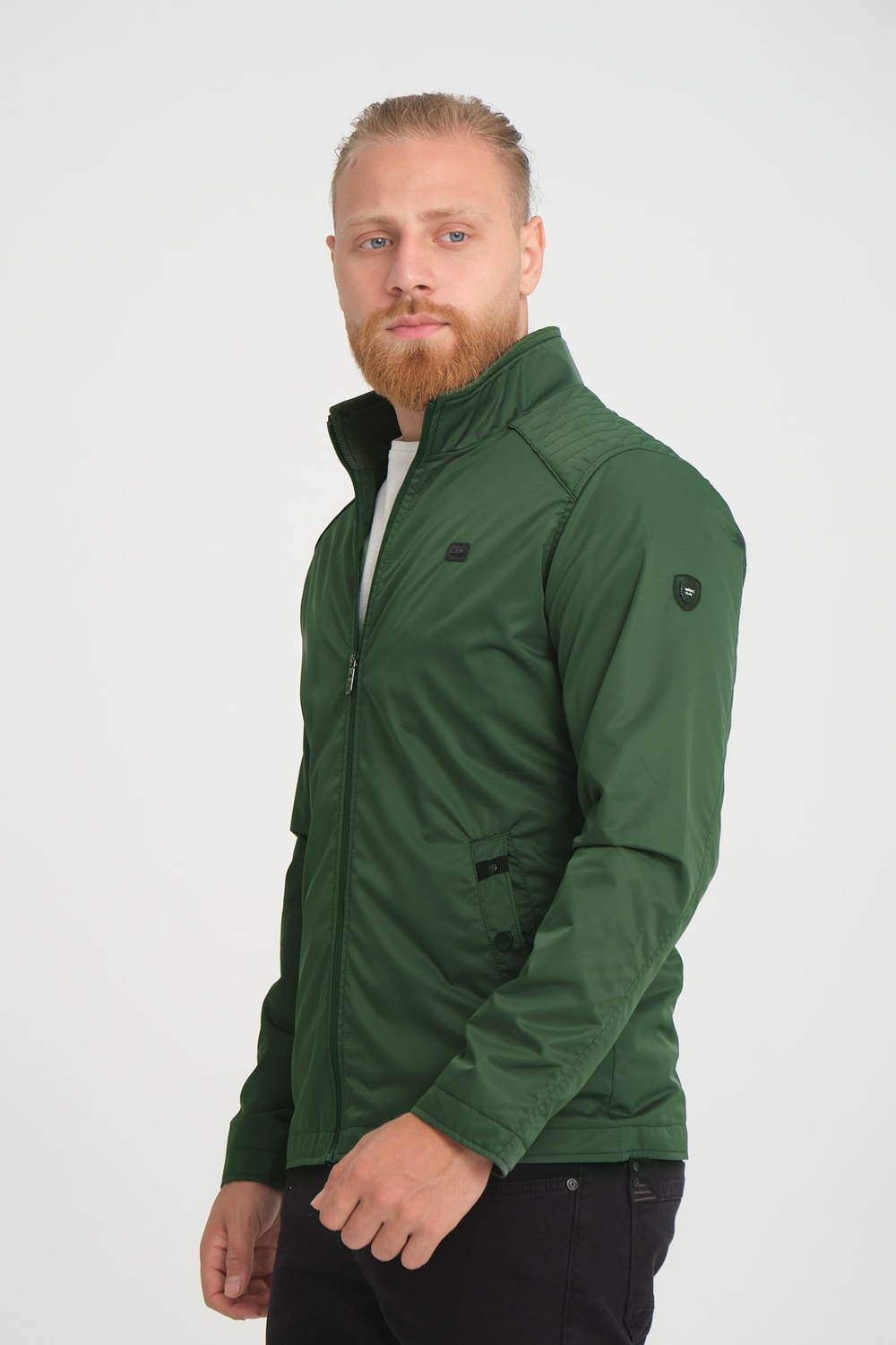 Wholesale Green Stand Collar Shoulder Detail Jersey Lined Spring Jacket