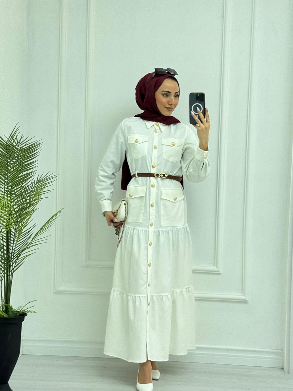 0983-Yazlık Denim Elbise-Beyaz