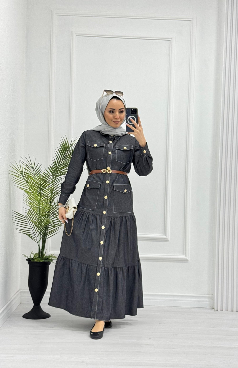 0983-Yazlık Denim Elbise-Gri