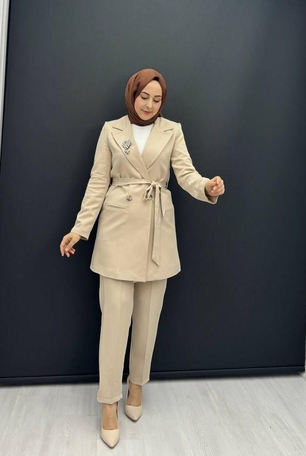 1423-Ceket Pantolon Takım-Krem