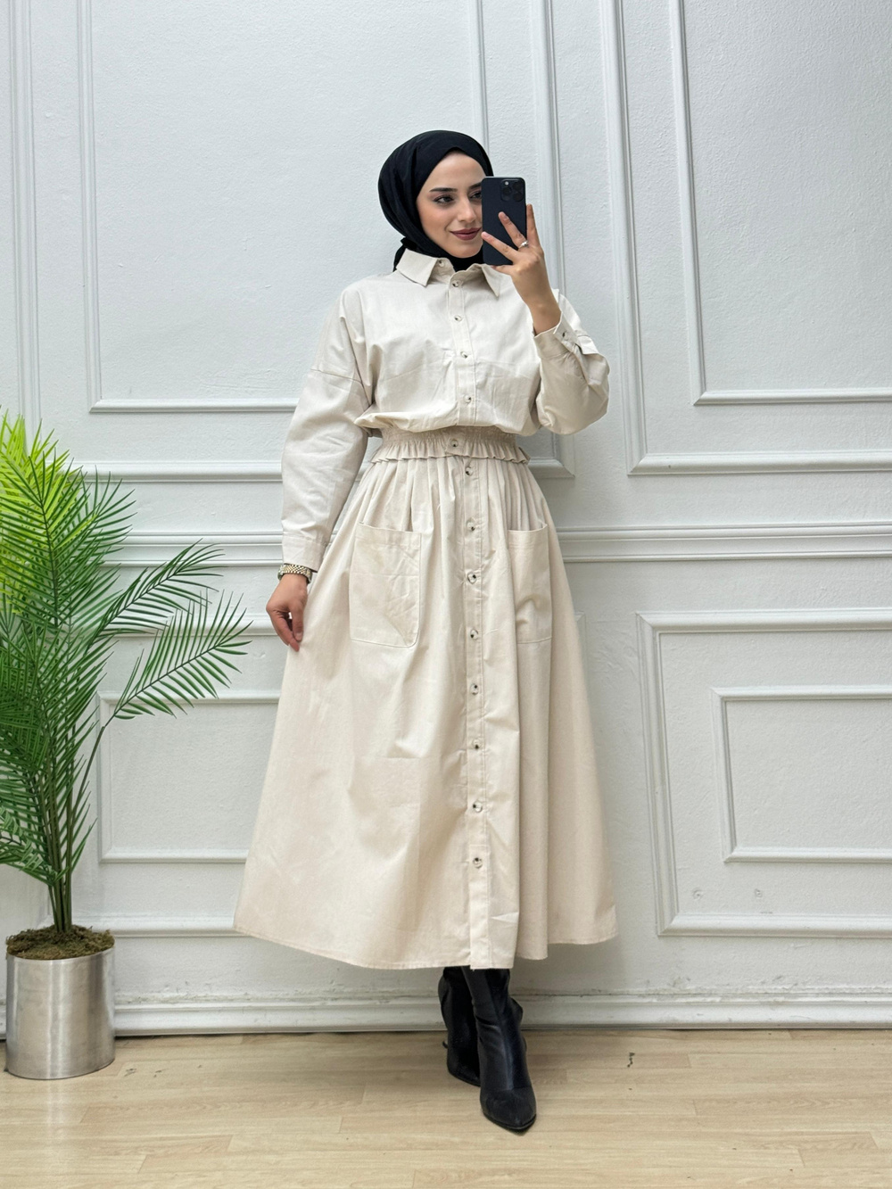 2858-Çizgili Etek Takım-Krem