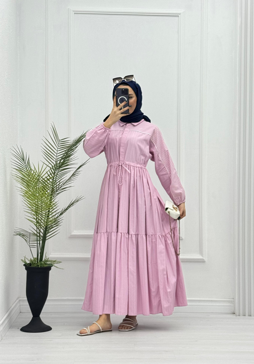 3227-Poplin Elbise-Pembe